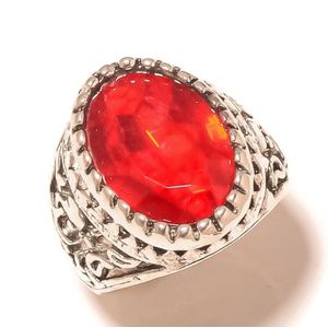 Bague vintage faite main en apatite rouge de synthèse, plaquée argent