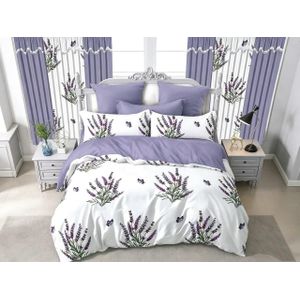 Belle Parure de Lit 3 Places 6 PiècesDraps de Lit 3 places, 2 Draps-240×260cm 2 taies-60×80cm 2 Rideaux-150×220cm -Violet-blanc