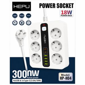 Hepu Multiprise 3000W – 6 Prises + Ports USB & Type-C Charge Rapide