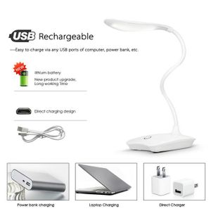 Lampe De Table LED Lampe De Bureau Rechargeable USB 3 Niveaux Réglables