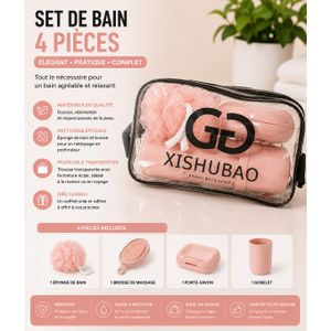 Set de Bain 4 Pièces avec Trousse de Rangement Transparente – Rose