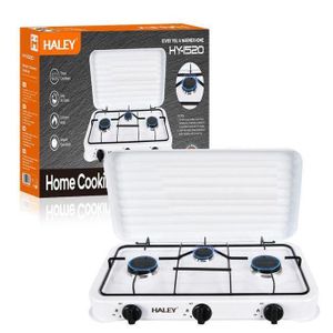 HALEY Cuisinière à Gaz HY-1520 – Réchaud de Table à 3 Brûleurs – Design Blanc Classique avec Couvercle de Protection – Allumage Facile & Chaleur Uniforme – Idéal pour une Cuisine Familiale