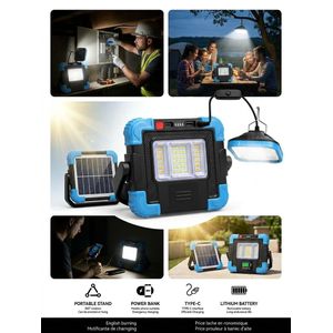 Projecteur LED Solaire Portable Rechargeable - Lampe de Chantier & Camping Multifonction avec Power Bank, Panneau Solaire et Ampoule Suspendue Externe