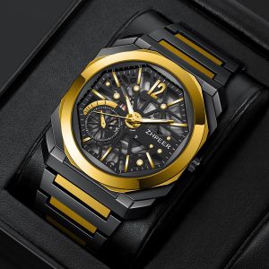 Montre Homme Squelette Octogonale - Bracelet Acier Inoxydable Bicolore Noir et Or