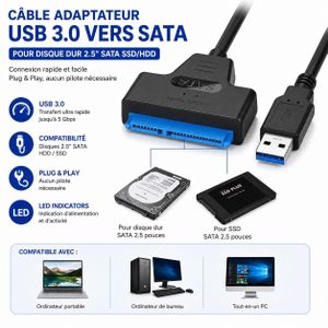 Câble Adaptateur SATA III vers USB 3.0 - Convertisseur Haute Vitesse Pour Disque Dur 2.5" HDD et SSD - Noir, Plug & Play