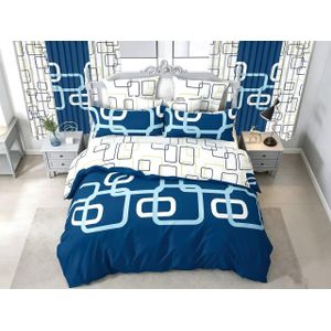 Belle Parure de Lit 3 Places 6 PiècesDraps de Lit 3 places, 2 Draps-240×260cm 2 taies-60×80cm 2 Rideaux-150×220cm -Bleu et blanc