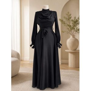Mode Robe Longue Satinée noir Élégante à Col Drapé avec Ceinture