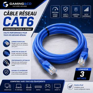 Câble Réseau Ethernet Cat6 Haute Performance - Cordon de Brassage RJ45 Gigabit 1000 Mbps de 3 Mètre - Contacts Plaqués Or, Bleu, Plug & Play