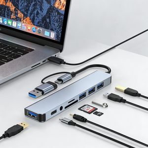 Adaptateur multiport USB 3.0 et USB C 8 en 2 | Lecteur de cartes SD intégré et prise audio | Splitter d'extension USB à deux ports | Compatible avec MacBook Pro/Air, PC, ordinateur portable et tablette