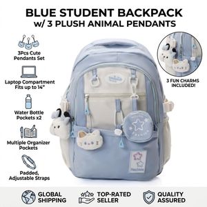 Sac à dos pour femme, cartable pour fille, joli cartable grande capacité (avec breloque) — Bleu