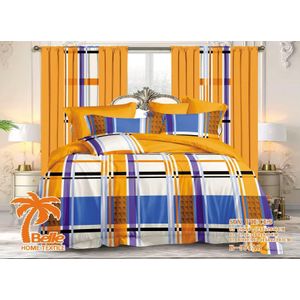 Belle Parure de lit 6 pièces B-594AB motif carreaux contrastés orange bleu violet, 2 draps 240×260cm + 2 taies 60×80cm + 2 rideaux 150×220cm, microfibre décoration chambre complète