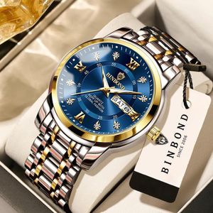 BINBOND B7169 Luxury Business Clock Quartz Waterproof Luminous Auto Date&Week Stainless Steel Men'S Watch Fashion Casual Sport -blue