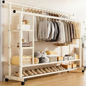 Portant à vêtements double barre de 1,5 m, portant à vêtements à roulettes, portant à vêtements en métal avec étagère, portant de rangement pour chambre