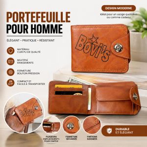 Portefeuille pour homme en cuir PU marron – Multi-emplacements, fermeture à bouton-pression