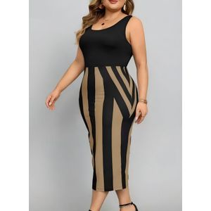CALLIARA Robe bodycon midi sans manches grande taille à rayures color block Lady, robe de bureau ajustée style européen et américain
