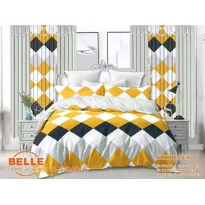 Belle Parure de lit 6 pièces B-567AB-C motif courbes géométriques vert jaune gris, 2 draps 240×260cm + 2 taies 60×80cm + 2 rideaux 150×220cm, tissu microfibre décoration chambre complète