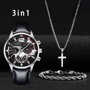 Coffret cadeau 3 en 1 homme : montre à quartz chronographe, collier croix et bracelet torsadé, montre sport à bracelet cuir noir et boîtier argenté