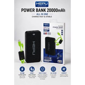 Article  HEPU Power Bank 20000mAh HP-235 – Charge Rapide 22.5W Avec Câbles Intégrés