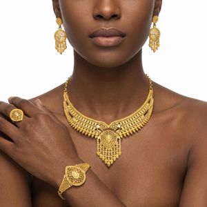 Ensemble de Bijoux Plaqué Or pour Femmes pour Mariage, Collier de Mariée Africain, Boucles d'Oreilles, Bague, Bracelet - Or