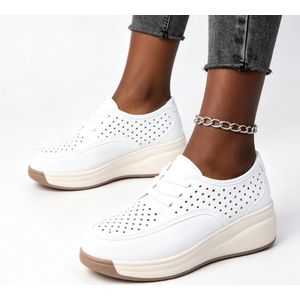 VEOUNDK Pantoufles femmes en cuir blanc perforé à plateforme en forme de coin, chaussures de marche respirantes à lacets
