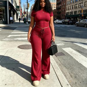 Femmes 2 pièces tenues manches courtes haut mince pantalon large jambe salon ensembles décontractés