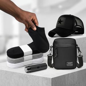Ensemble de Soins 4-en-1 pour Hommes – Casquette de Baseball, Sac Banane Crossbody, Mini Rasoir Rechargeable par USB, 6 Paires de Chaussettes