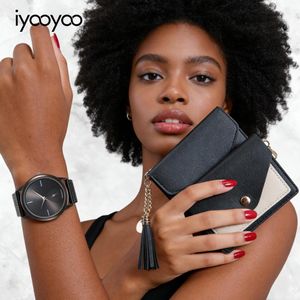 iyooyoo Coffret cadeau premium 4 en 1 pour dames comprenant des lunettes de soleil œil de chat, un ensemble de portefeuilles deux pièces, une montre à bracelet en maille noire, collection de luxe