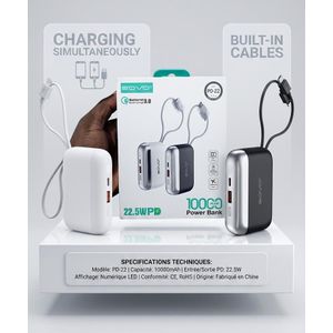 Sovo Power Bank 10000mAh PD22, Charge Rapide 22.5W, Câbles Intégrés Type-C & Lightning, Écran LED