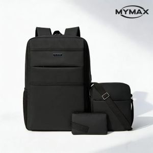 Ensemble de sac à dos noir minimaliste trois pièces pour hommes, tissu imperméable résistant à l’usure, rangement compartimental multicouche, poche latérale en maille pour gobelet d’eau, ensemble de voyage de grande capacité pour les navetteurs