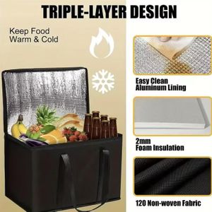 Sac isotherme XL/Large : Maintient les aliments au chaud ou au froid pendant des heures – Sac de courses, glacière souple, sac à pizza – Léger et robuste – Fermeture éclair – Noir