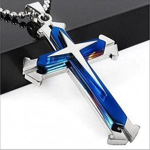 Collier pendentif croix en strass pour homme - Bleu