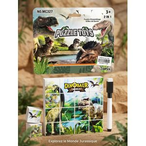 Jeu Éducatif 2-en-1 "Dinosaur World" – Puzzle 18 Pièces & Tableau de Dessin Effaçable – 3 ans+
