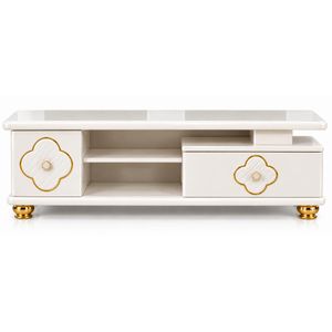 Sans Nom Meuble TV blanc ivoire et doré avec tiroirs décoratifs et niches de rangement
