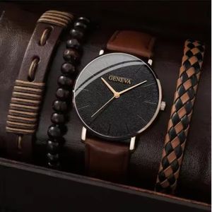 Ensemble de 4 pièces pour homme : montre-bracelet à quartz et bracelet à perles