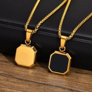 original Chaîne hommes Dorée 60cm En Acier Inoxydable pendentif carré inscrusté de Noir , chaine Figaro idéal cadeau pour saint valentin , Anniversaire, mariage