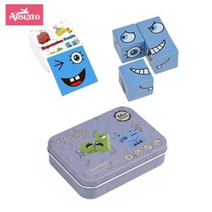 Arsuxeo Jouets pour enfants Cube Changements de visage Blocs de construction Jeu de société Puzzle en bois Blocs en bois Montessori pour enfants