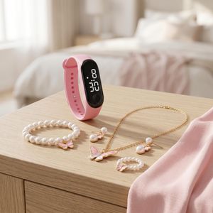 Montre Enfant Électronique LED 5 EN 1 avec Set de Bijoux - Rose