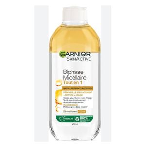 Eau micellaire biphase tout en 1 GARNIER nettoie + nourrit + démaquille même le spf visage yeux lèvres convient aux peaux sensibles 400ml