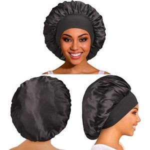 Bonnet de nuit en satin pour femme, bande large élastique, cheveux longs et bouclés
