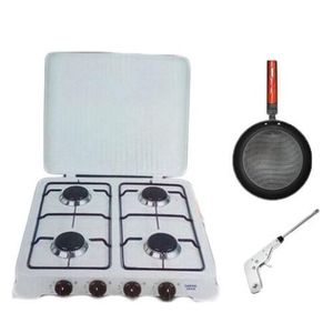 Cuisinière De Table Blanc 4 Feux A Couvercle Strié + Allume Gaz Et Poêle Offerts