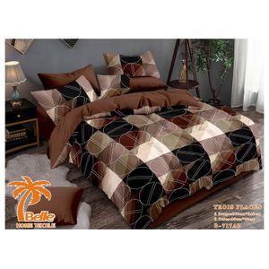 Belle Parure de Lit 3 Places 4 Pièces 260x240cm - Microfibre Douce - 2 Draps + 2 Taies 80x60cm - Motif Géométrique Marron