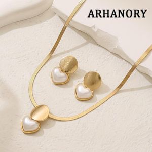 ARHANORY Ensemble 2 Pièces Collier et Boucles d’Oreilles Femme Cœur Perle Chaîne Serpentine pour Femme – Or