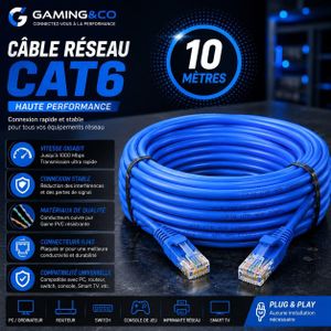Câble Réseau Ethernet Cat6 Haute Performance - Cordon de Brassage RJ45 Gigabit 1000 Mbps de 10 Mètre - Contacts Plaqués Or, Bleu, Plug & Play