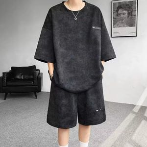 Ensemble décontracté 2 pièces pour homme – T-shirt ample et short effet délavé rétro – Style streetwear – Gris foncé