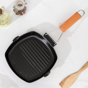 Poêle à frire portable pour steak, poêle à griller carrée avec poignée en bois pliable, accessoire de cuisine en fonte pour barbecue