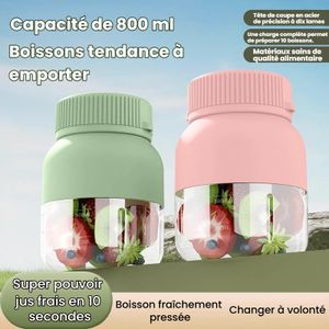 Seau à jus portable multifonctionnel 800ML,Tasse à jus frais rechargeable sans fil,Tasse à jus de voyage extérieur à couvercle double usage pour smoothies, nourriture bébé et hydratation quotidienne