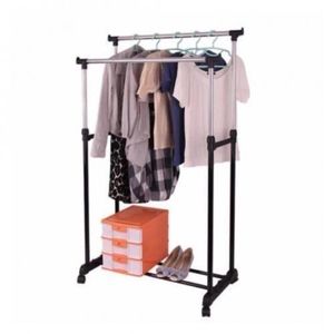 Porte Vêtements Double Pôle à Roulettes Avec Etagère à Chaussures En Acier Inoxydable