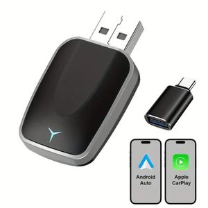 Boîtier intelligent sans fil deux-en-un CarPlay et Android Auto, supporte la configuration par simple pression, alimentation, sans fil et WiFi, plug and play, compatible avec les smartphones et véhicules