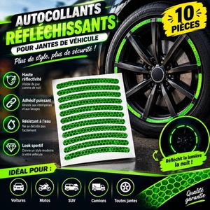 Pack Autocollants Reflechissants Pour Jantes De Vehicule Securite Vert 10 Pieces