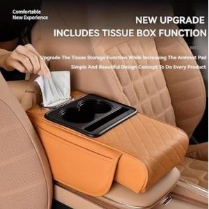 Coussin d'accoudoir de voiture multifonctionnel intégré et pressurisé, rehausseur d'accoudoir de voiture, couvercle de console centrale avec 2 porte-gobelets, pour ranger mouchoirs, téléphones, portefeuilles, boissons